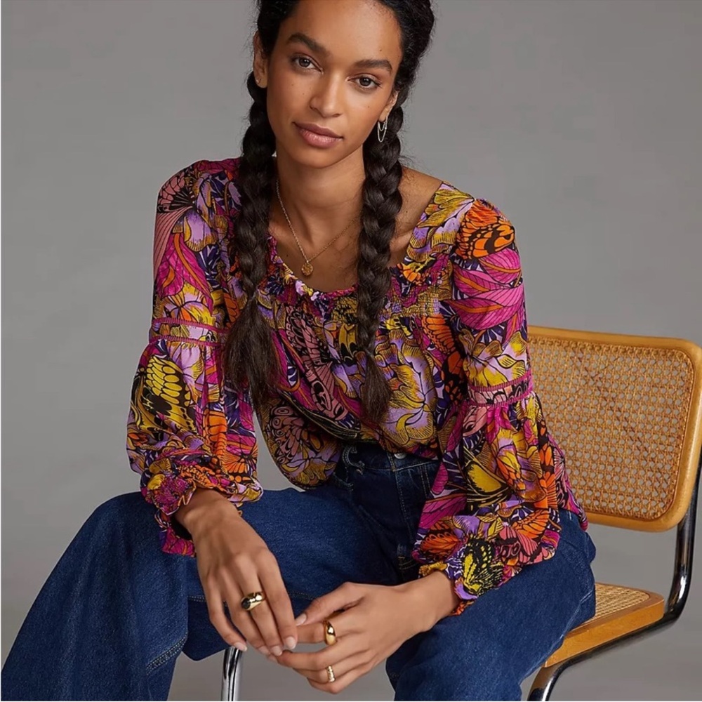 ALEXANDRA FARMER by ANTHROPOLOGIE Puff Sleeved Blouse in Pink Combo, Small - Picture 2 of 10